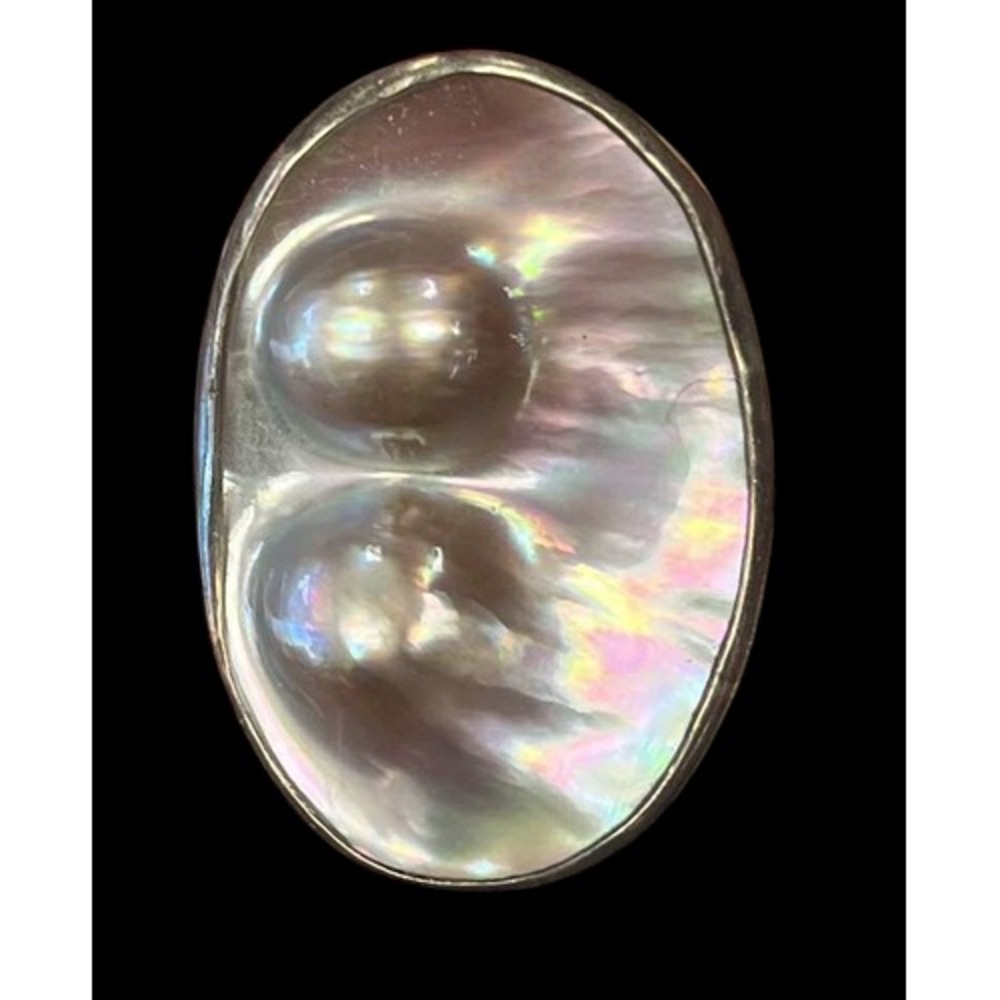 Vintage Double Mabe Pearl In Shell Iridescent Oval Pendant For Necklace